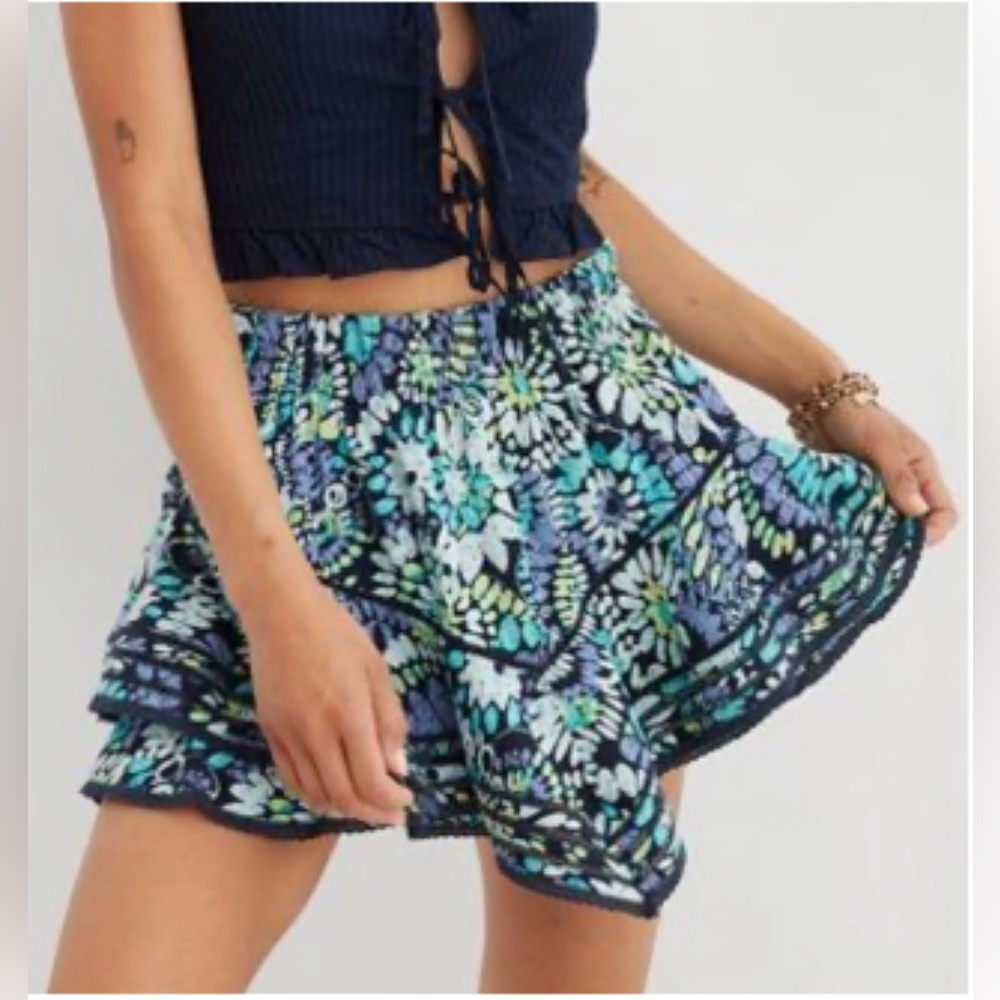 Aerie Floral Blue Rock N Ruffle Flutter Skort Cotton Womens Size X-Small NWT